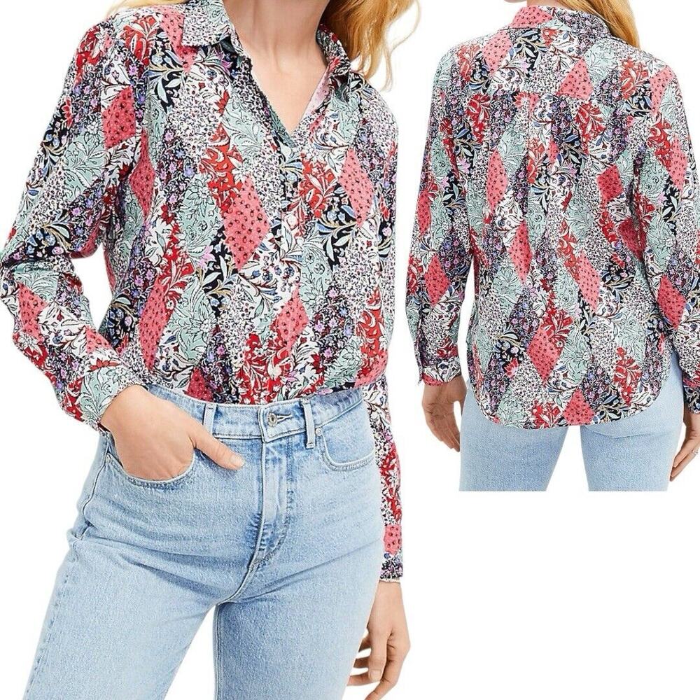 Patchwork Bloom Blouse Womens L Ladybug Cottagecore Whimsical Eclectic Boho Cute